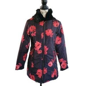Prada Red Floral Apres Ski Puffer Jacket Real Fur Collar Removable Hood Designer